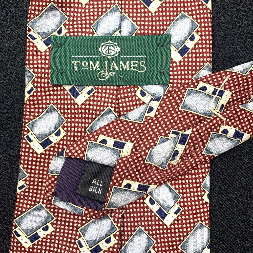 Vtg 90s Tom James Silk Necktie Red Gold Micro Dot Geometric Power Tie Executive